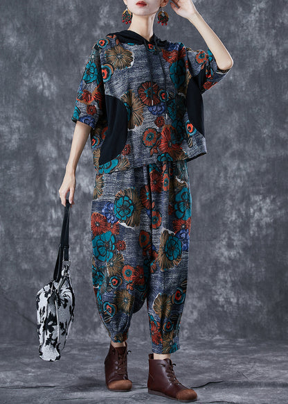 Fitted Grey Hooded Print Cotton Two Piece Set Summer
