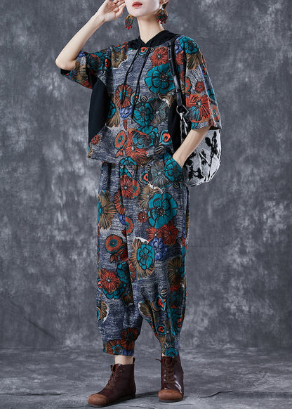 Fitted Grey Hooded Print Cotton Two Piece Set Summer
