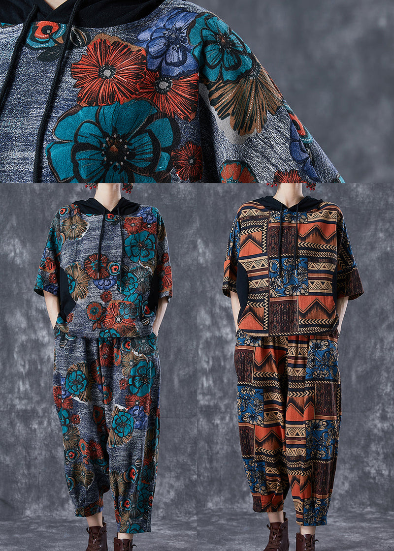 Fitted Grey Hooded Print Cotton Two Piece Set Summer