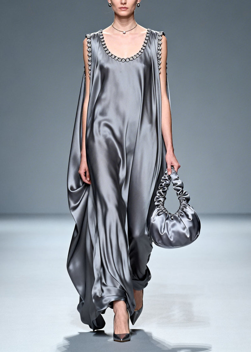 Fitted Grey Oversized Draping Silk Vacation Dresses Sleeveless
