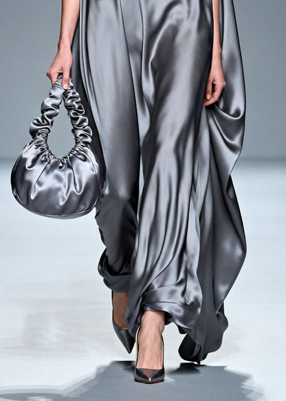 Fitted Grey Oversized Draping Silk Vacation Dresses Sleeveless