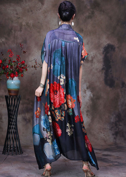 Fitted Grey V Neck Asymmetrical Print Silk Maxi Dresses Two Piece Set Clothing Short Sleeve
