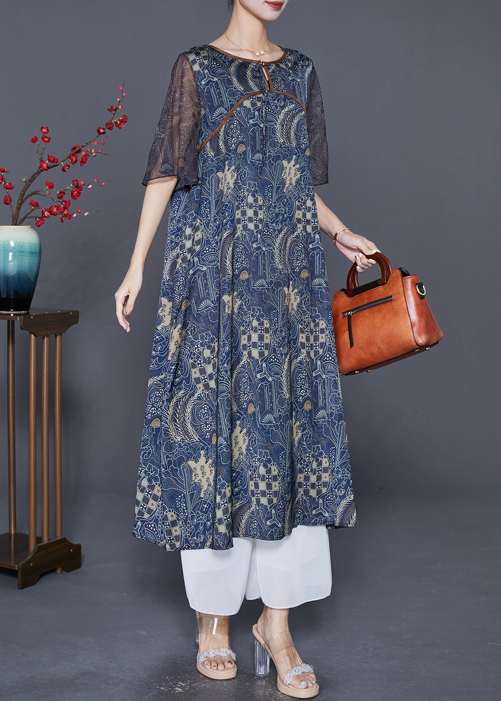 Fitted Navy O-neck Patchwork Print Silk Dresses Cloak Sleeves
