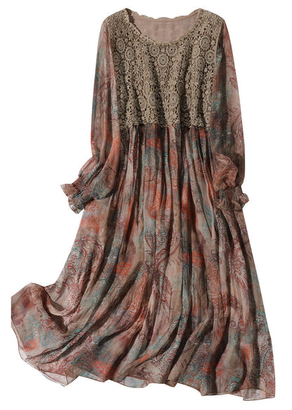 Fitted O-neck Print Lace Patchwork Chiffon Party Dress Lantern Sleeve