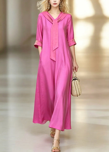 Fitted Pink Bow Patchwork Maxi Dresses Short Sleeve