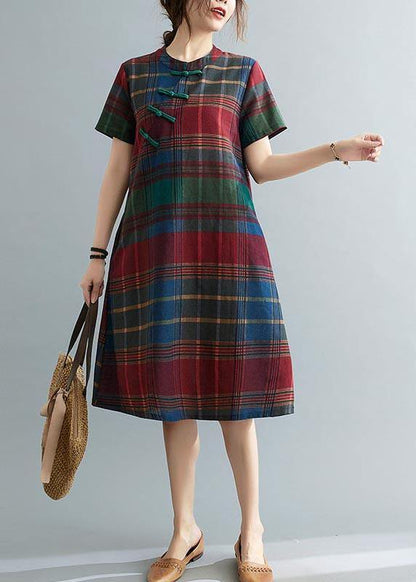 Fitted Plaid Oriental Cotton Linen Summer Dress