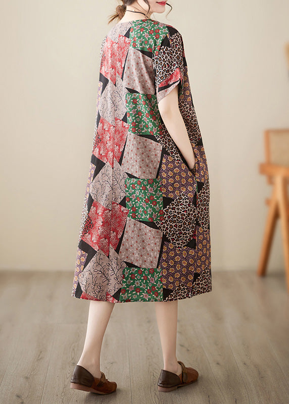 Fitted Red Plaid O-neck Print Party Maxi Dress Short Sleeve