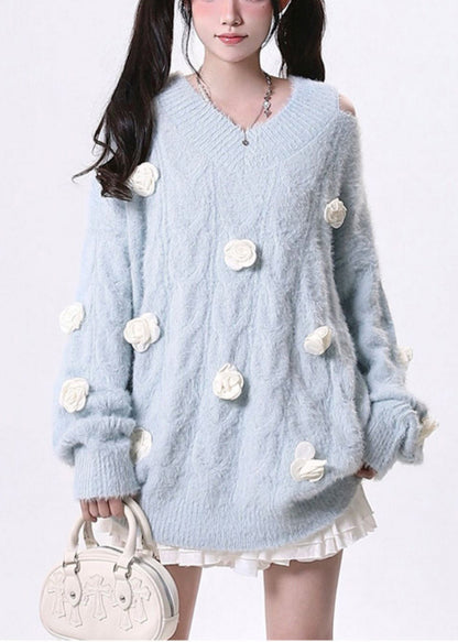 Fitted Sky Blue Cold Shoulder Knit Pullover Spring