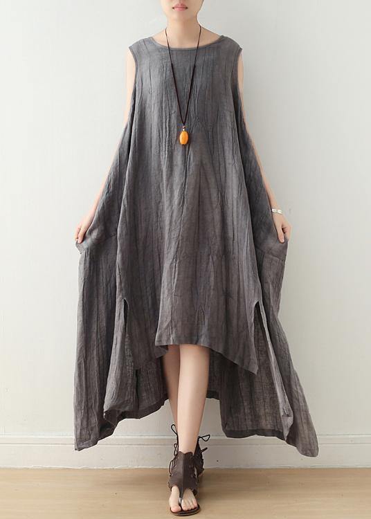 Fitted Sleeveless Linen Grey Side Open Summer Dress