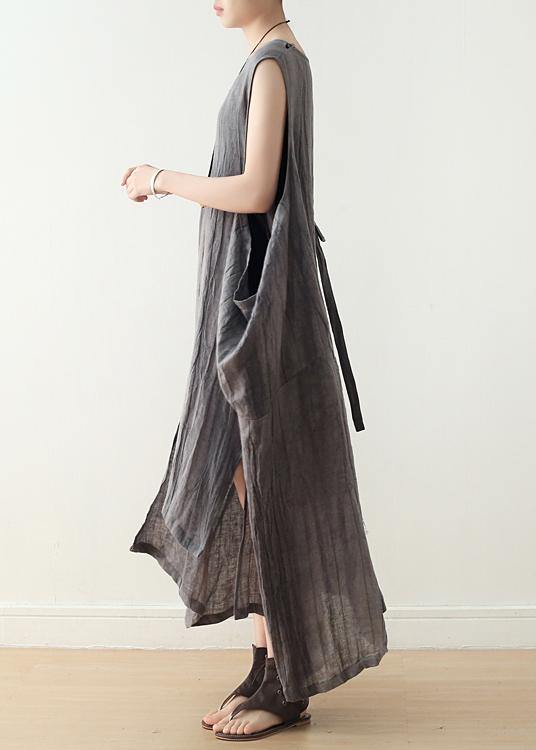 Fitted Sleeveless Linen Grey Side Open Summer Dress