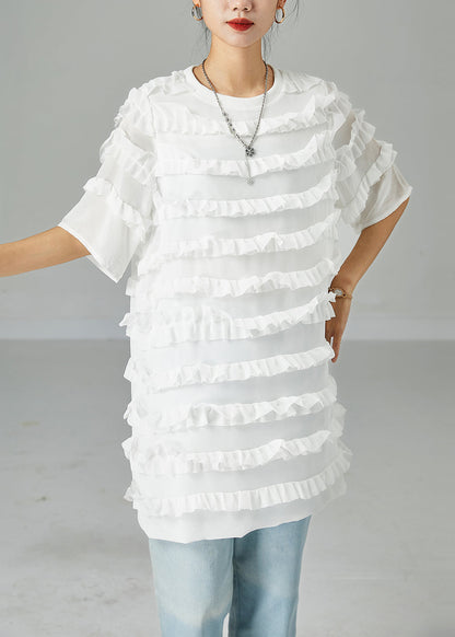 Fitted White O-neck Patchwork Ruffled Chiffon Dress Summer