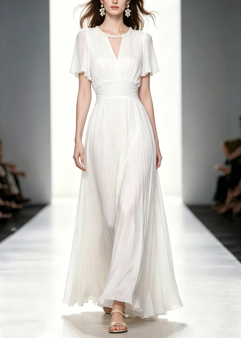 Fitted White O-neck Wrinkled Tunic Chiffon Long Dresses Summer