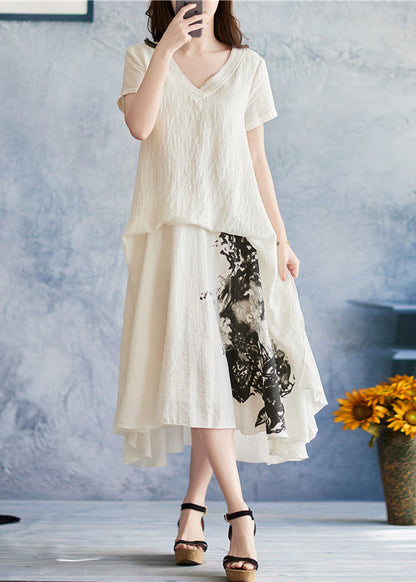 Fitted White Asymmetrical Design V Neck Print Holiday Dress Short Sleeve