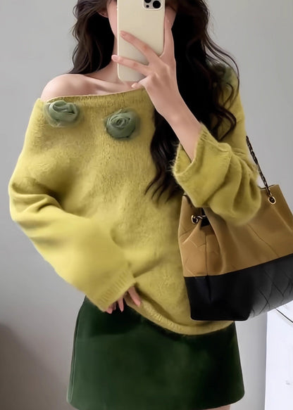 Fitted Yellow Slash Neck Decorated Knit Pullover Spring