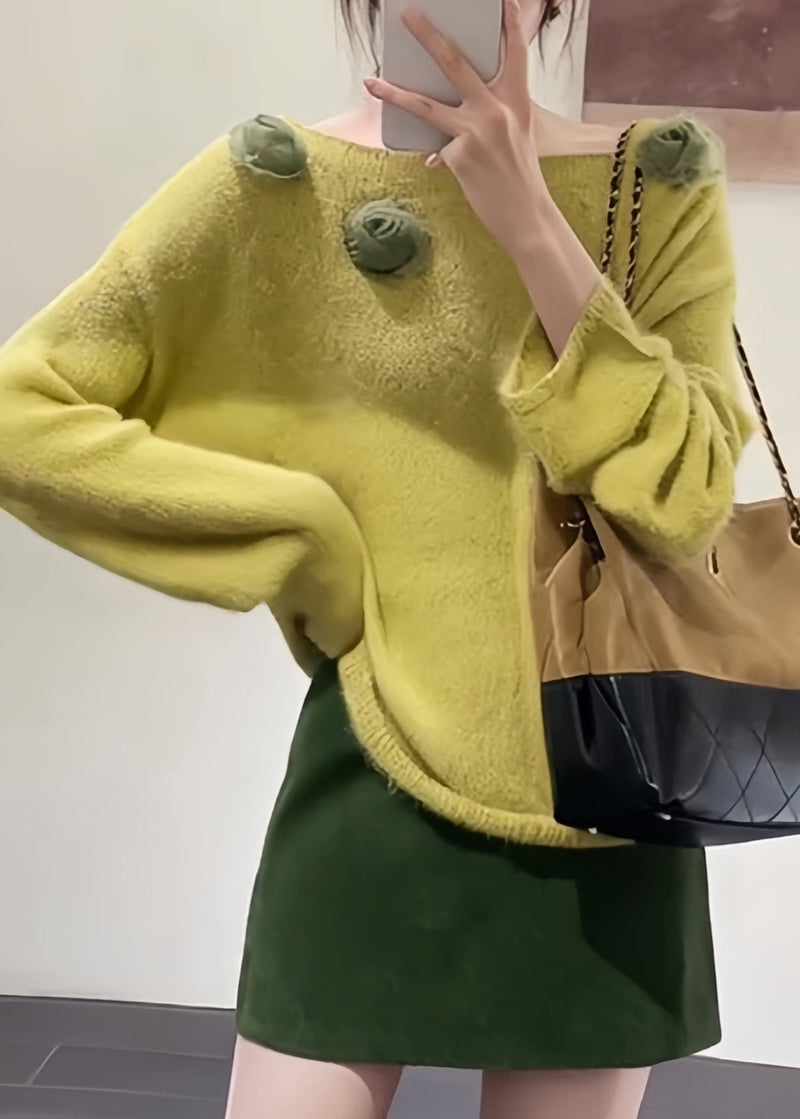 Fitted Yellow Slash Neck Decorated Knit Pullover Spring