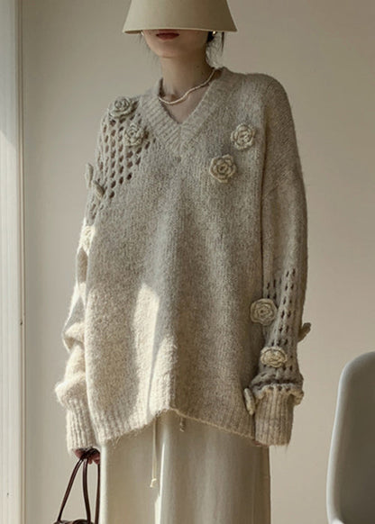 Apricot V Neck Hollow Out Cotton Knit Sweater Spring