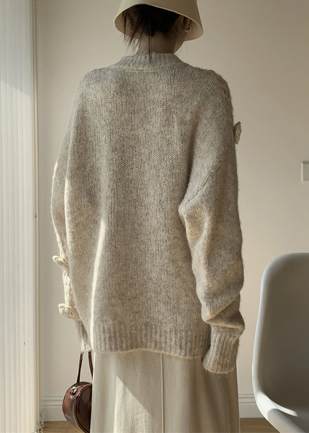 Apricot V Neck Hollow Out Cotton Knit Sweater Spring