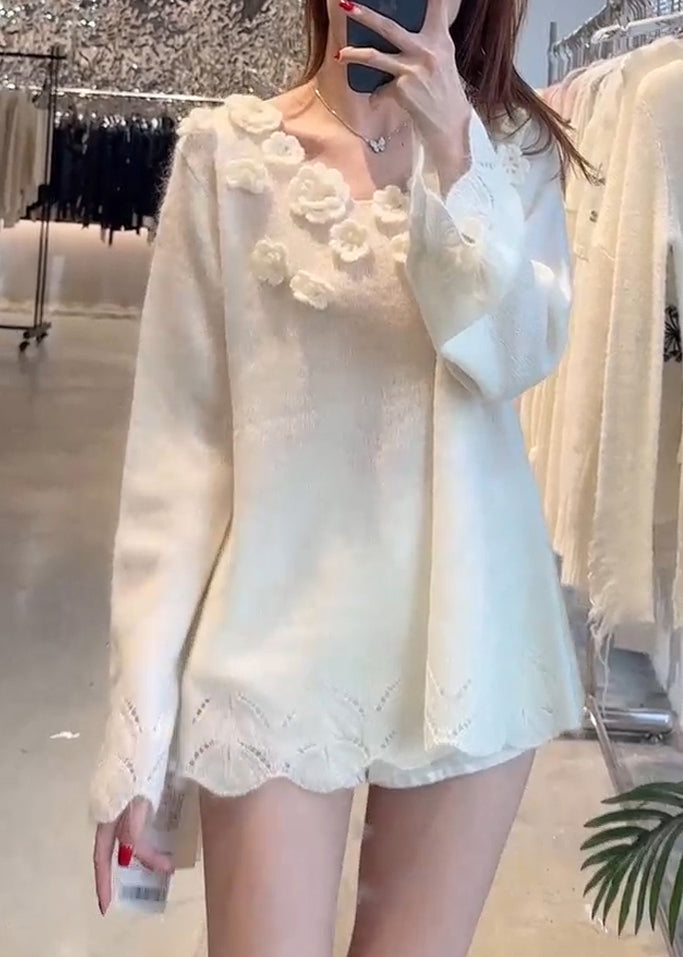 Beige Hollow Out Knit Sweater Spring