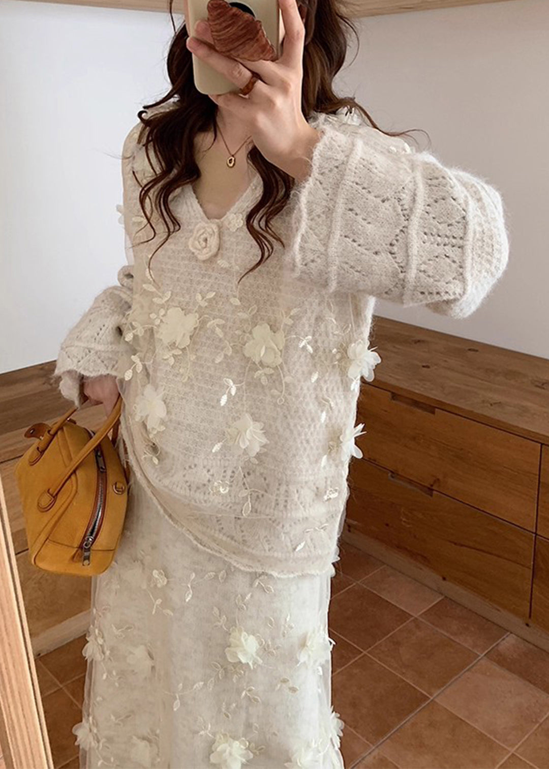 Beige Hollow Out Sweaters and Skirts Patchwork Knit Two Piece Set Spring