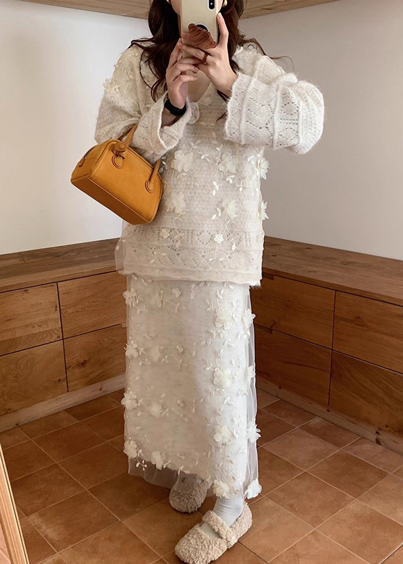 Beige Hollow Out Sweaters and Skirts Patchwork Knit Two Piece Set Spring