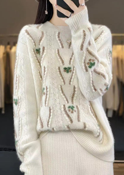 Beige O Neck Hollow Out Cozy Wool Sweaters Spring