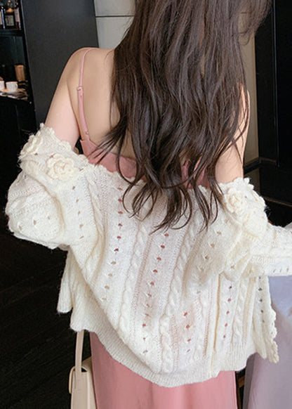 Beige V Neck Hollow Out Knit Cardigans Spring