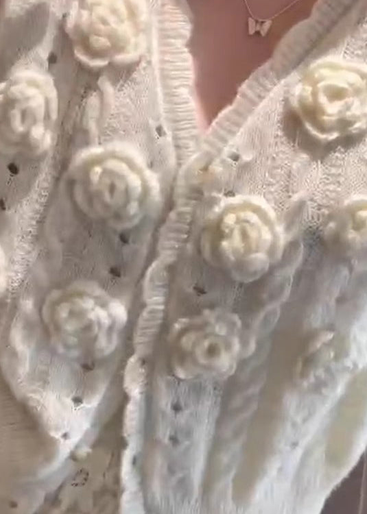Beige V Neck Hollow Out Knit Cardigans Spring