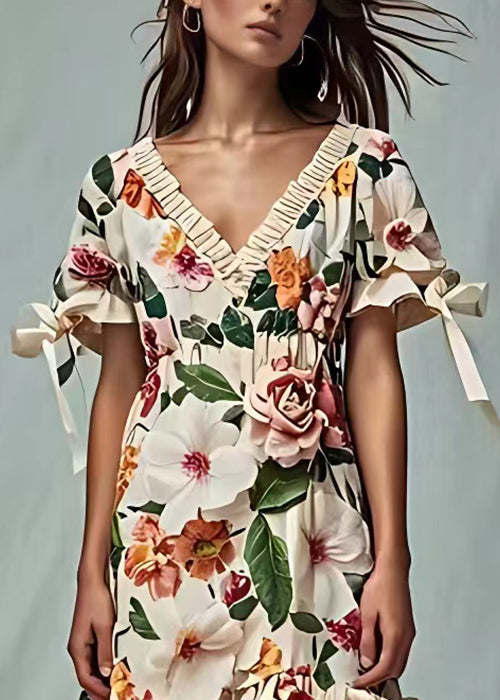 Beige V Neck Print Cotton Dresses Short Sleeve
