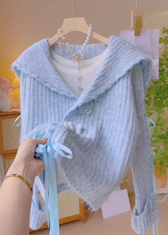 Blue Peter Pan Collar Lace Up Knit Coats Spring