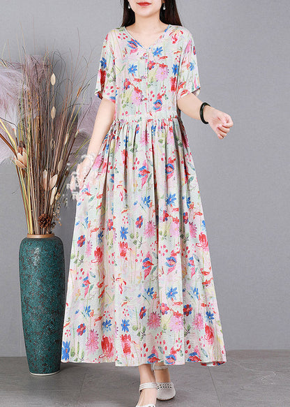 Colour V Neck Print Wrinkled Linen Dress Short Sleeve