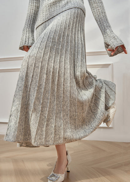 Grey O Neck Sweaters and Maxi Skirts Cable Knit Two Pieces Set Flare Sleeve