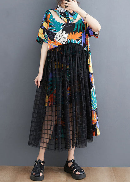 Patchwork Long Tulle Shirts Dress Wrinkled Short Sleeve