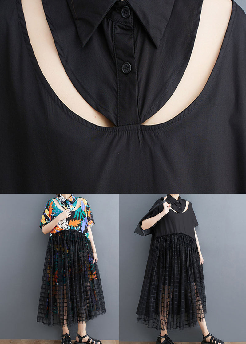 Patchwork Long Tulle Shirts Dress Wrinkled Short Sleeve