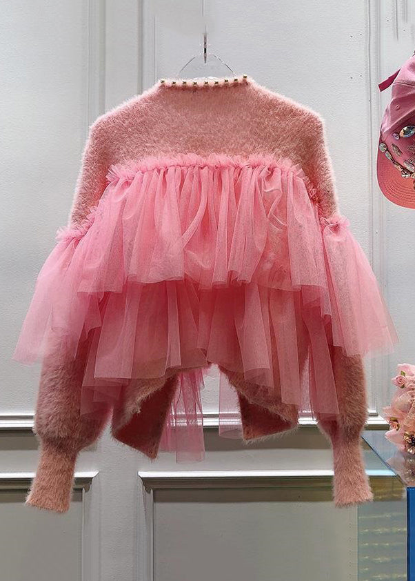 Pink Nail Bead Tulle Patchwork Knit Cardigans Spring