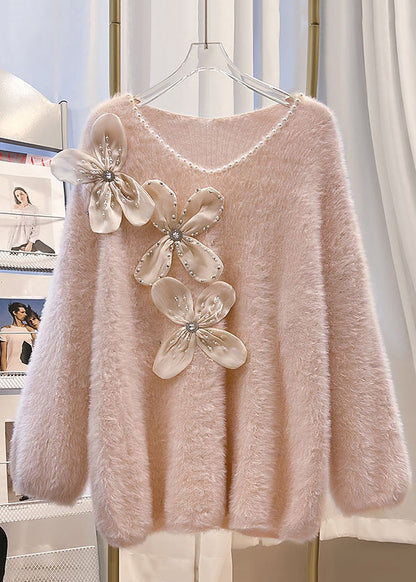 Pink V Neck Cozy Mink Hair Knitted Sweater Spring