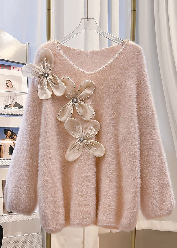 Pink V Neck Cozy Mink Hair Knitted Sweater Spring