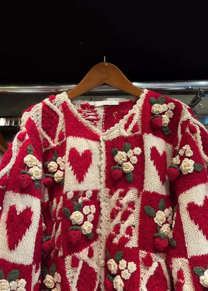 Red O Neck Button Patchwork Knit Cardigan Long Sleeve