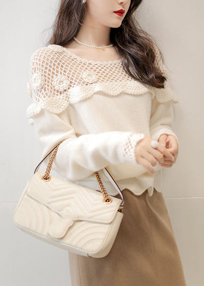 White Hollow Out Patchwork Cotton Knit Top Long Sleeve