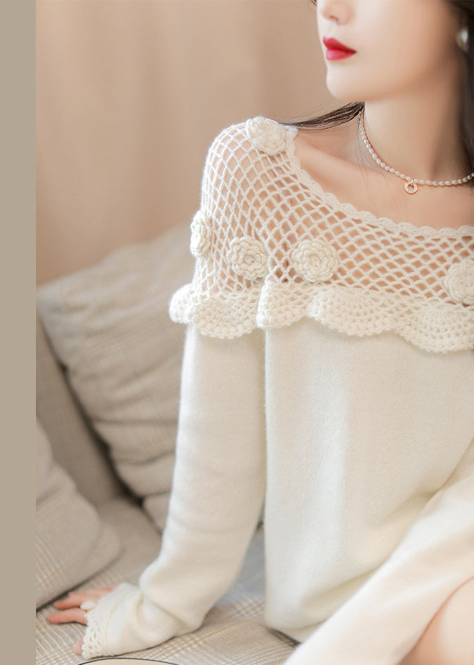 White Hollow Out Patchwork Cotton Knit Top Long Sleeve