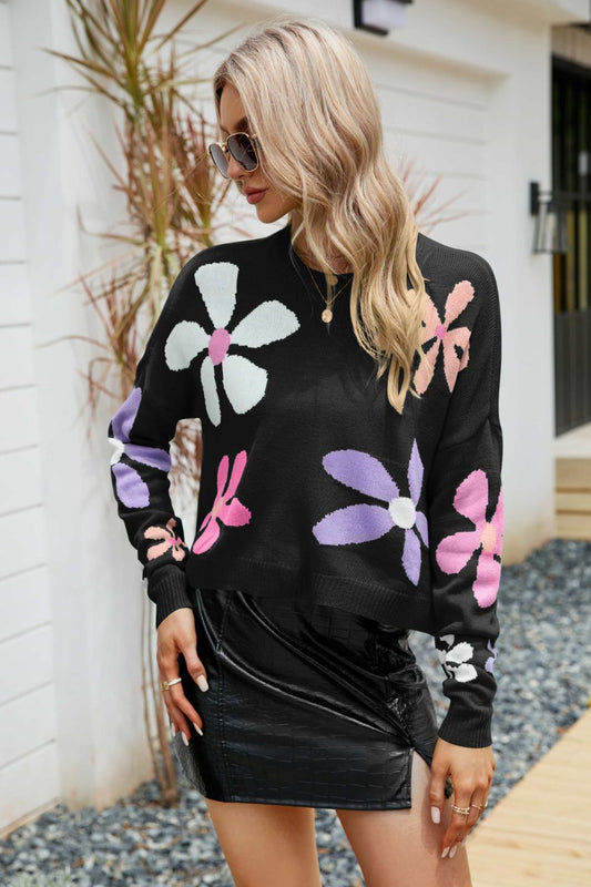 Floral Dropped Shoulder Ribbed Trim Sweater - Pullover Sweaters - FITGGINS