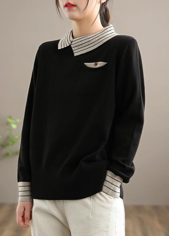 For Spring Black Knit Tops Clothing Lapel Patchwork Sweater Tops
