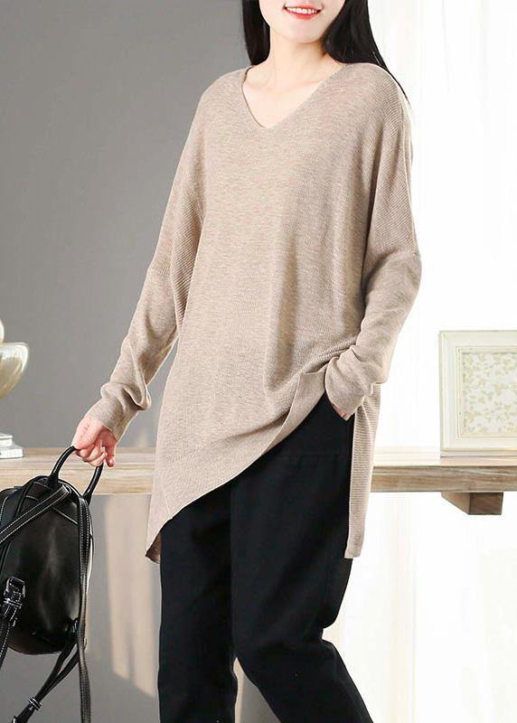 For Spring Nude Clothes V Neck Asymmetric Knit Tops