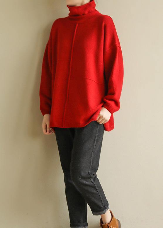 For Spring Turtleneck Red Knitwear Patchwork Knitted Pullover