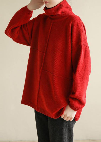 For Spring Turtleneck Red Knitwear Patchwork Knitted Pullover