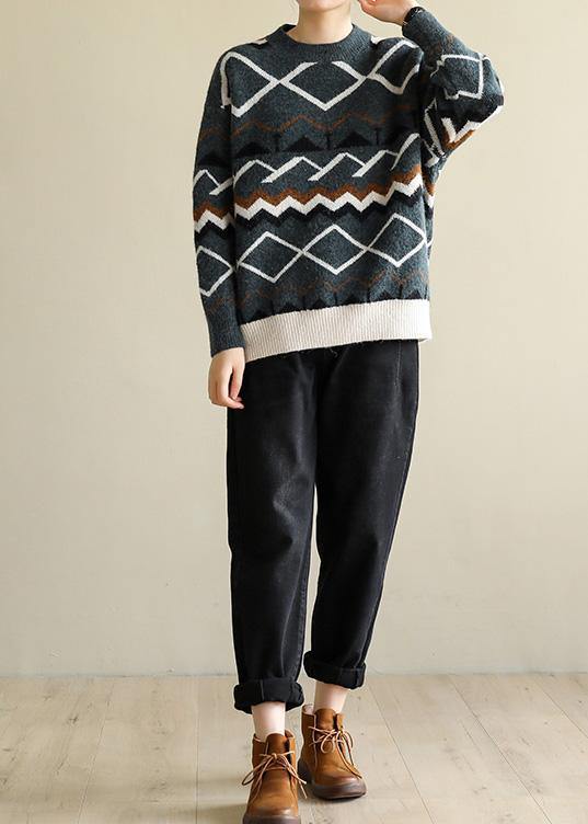 For Spring Army Green Geometry Knitted Pullover Wild O Neck Knitwear