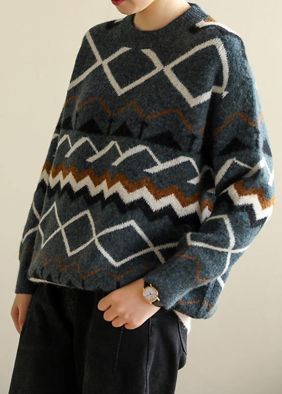 For Spring Army Green Geometry Knitted Pullover Wild O Neck Knitwear