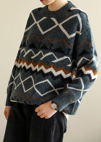 For Spring Army Green Geometry Knitted Pullover Wild O Neck Knitwear