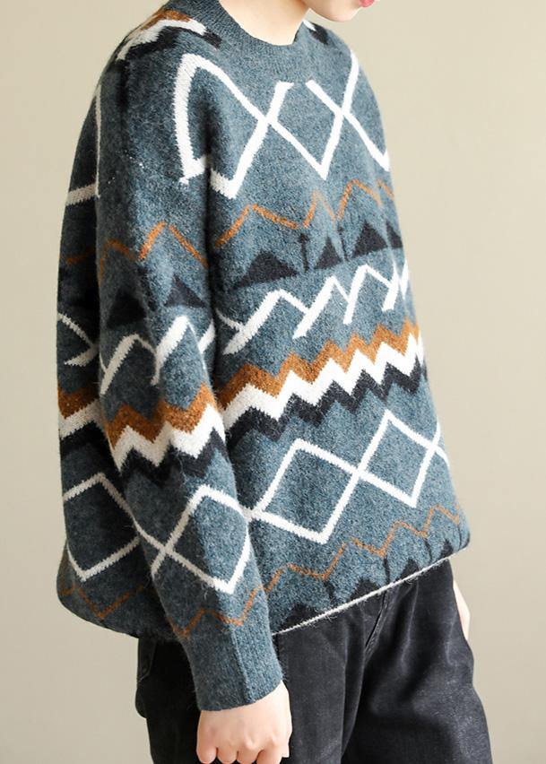 For Spring Army Green Geometry Knitted Pullover Wild O Neck Knitwear