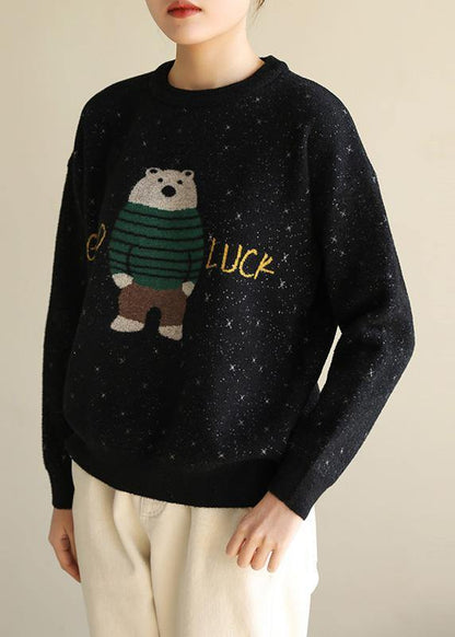 For Spring Black Knit Tops O Neck Loose Fitting Cartoon Print Knitted Blouse
