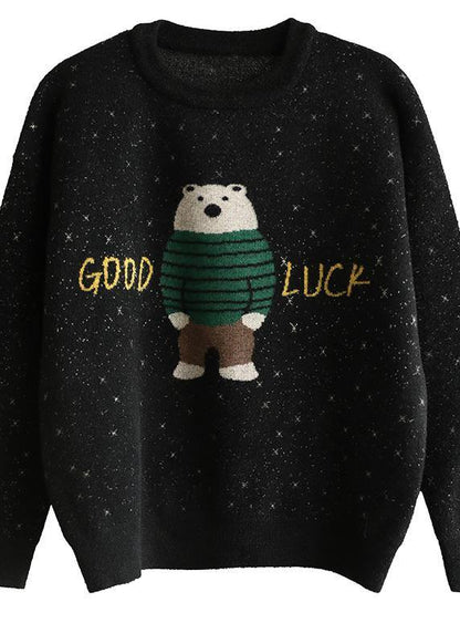 For Spring Black Knit Tops O Neck Loose Fitting Cartoon Print Knitted Blouse